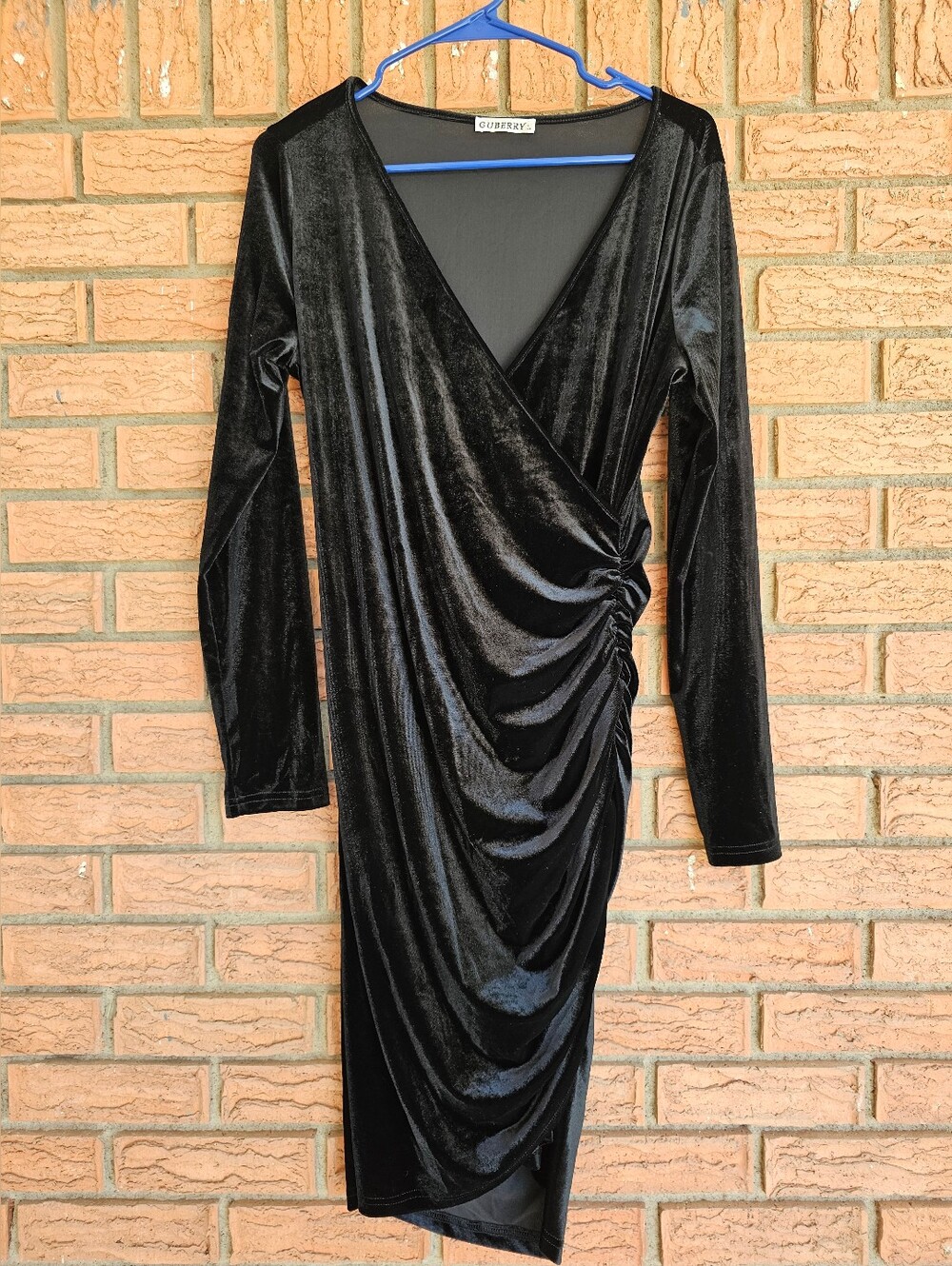 GUBERRY Black Velvet Wrap Ruched Long-Sleeve Dress Size L